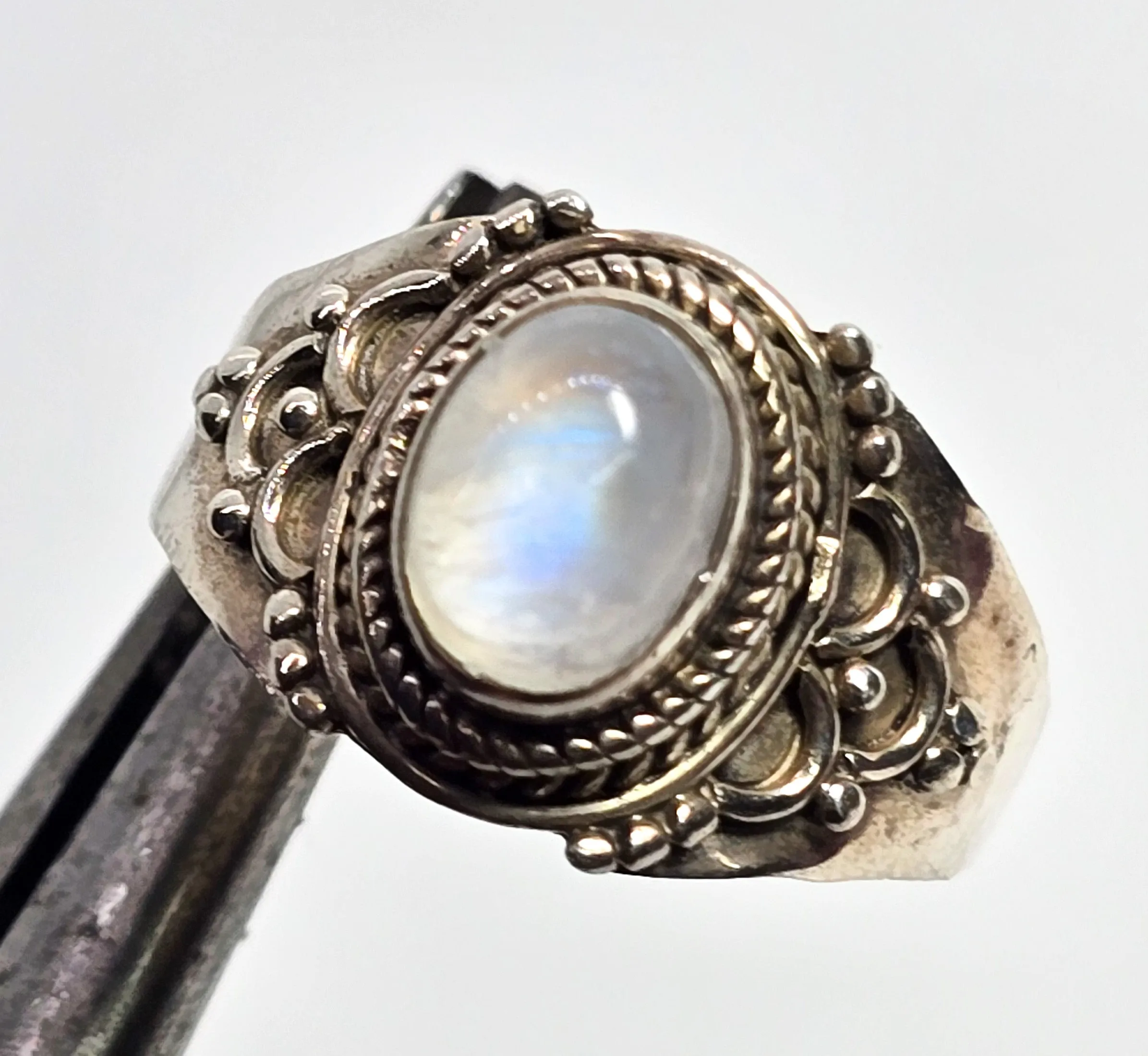 Blue moonstone tribal Bali Balinese style lotus flower vintage sterling silver ring size 9