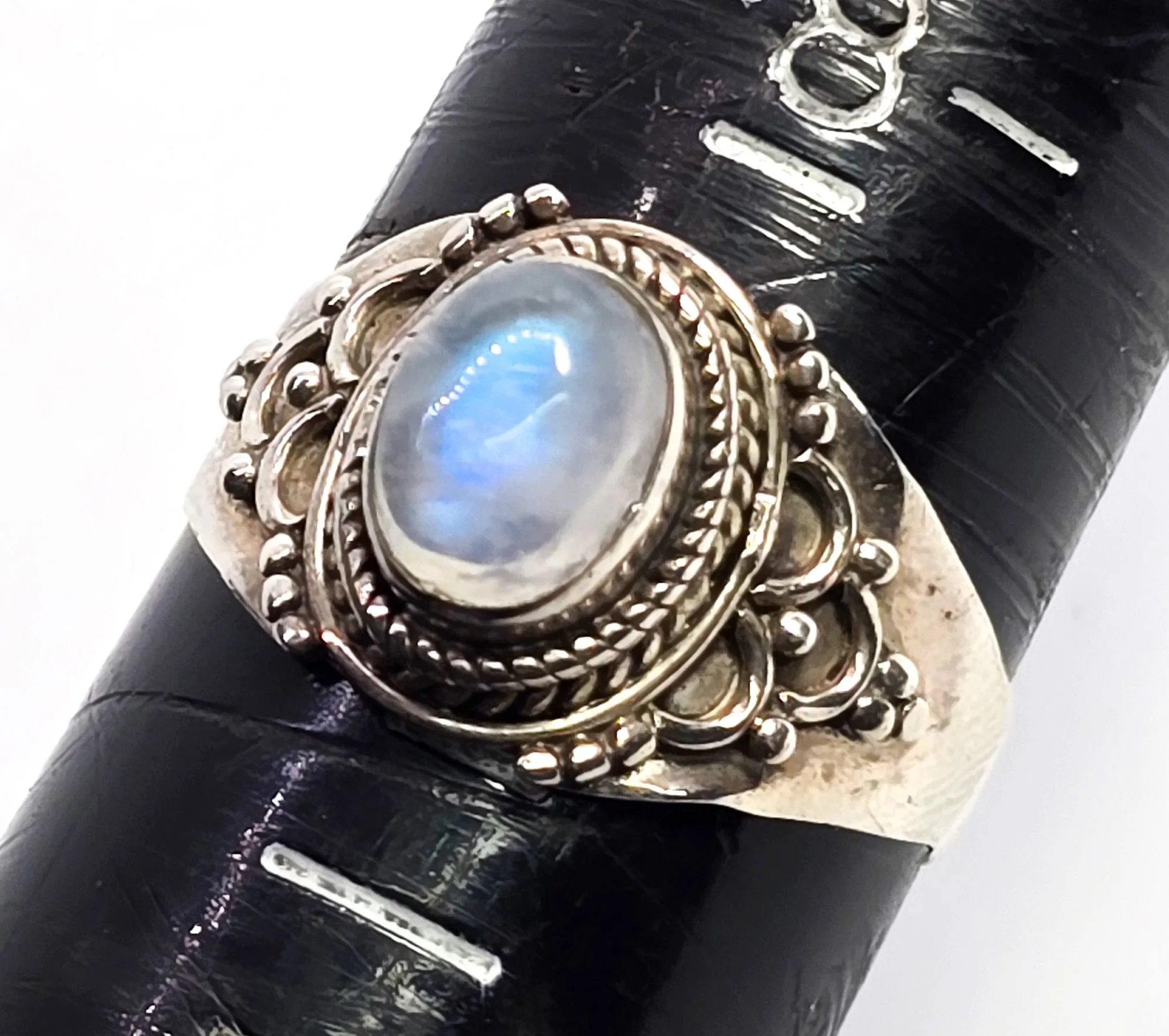 Blue moonstone tribal Bali Balinese style lotus flower vintage sterling silver ring size 9