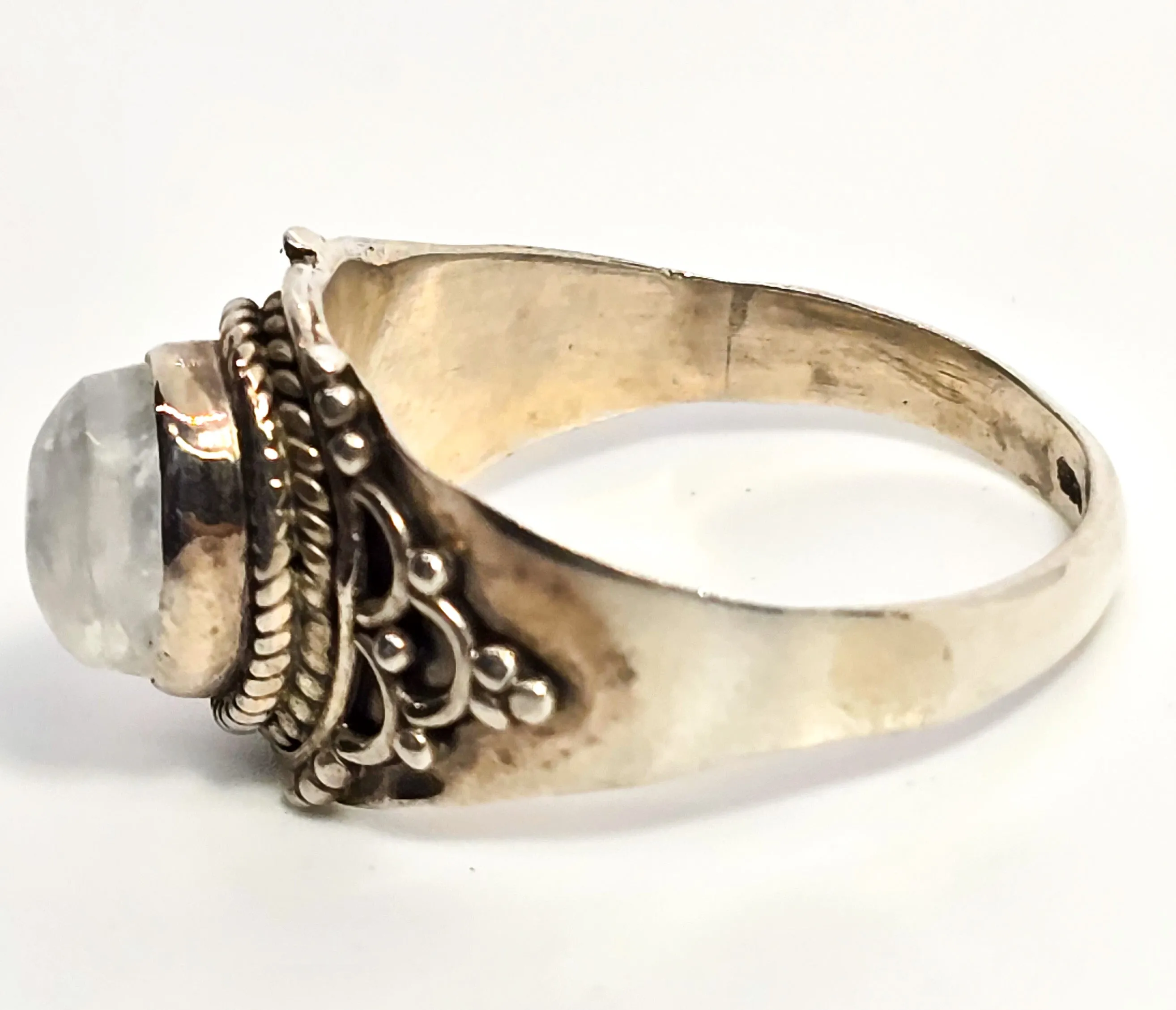 Blue moonstone tribal Bali Balinese style lotus flower vintage sterling silver ring size 9