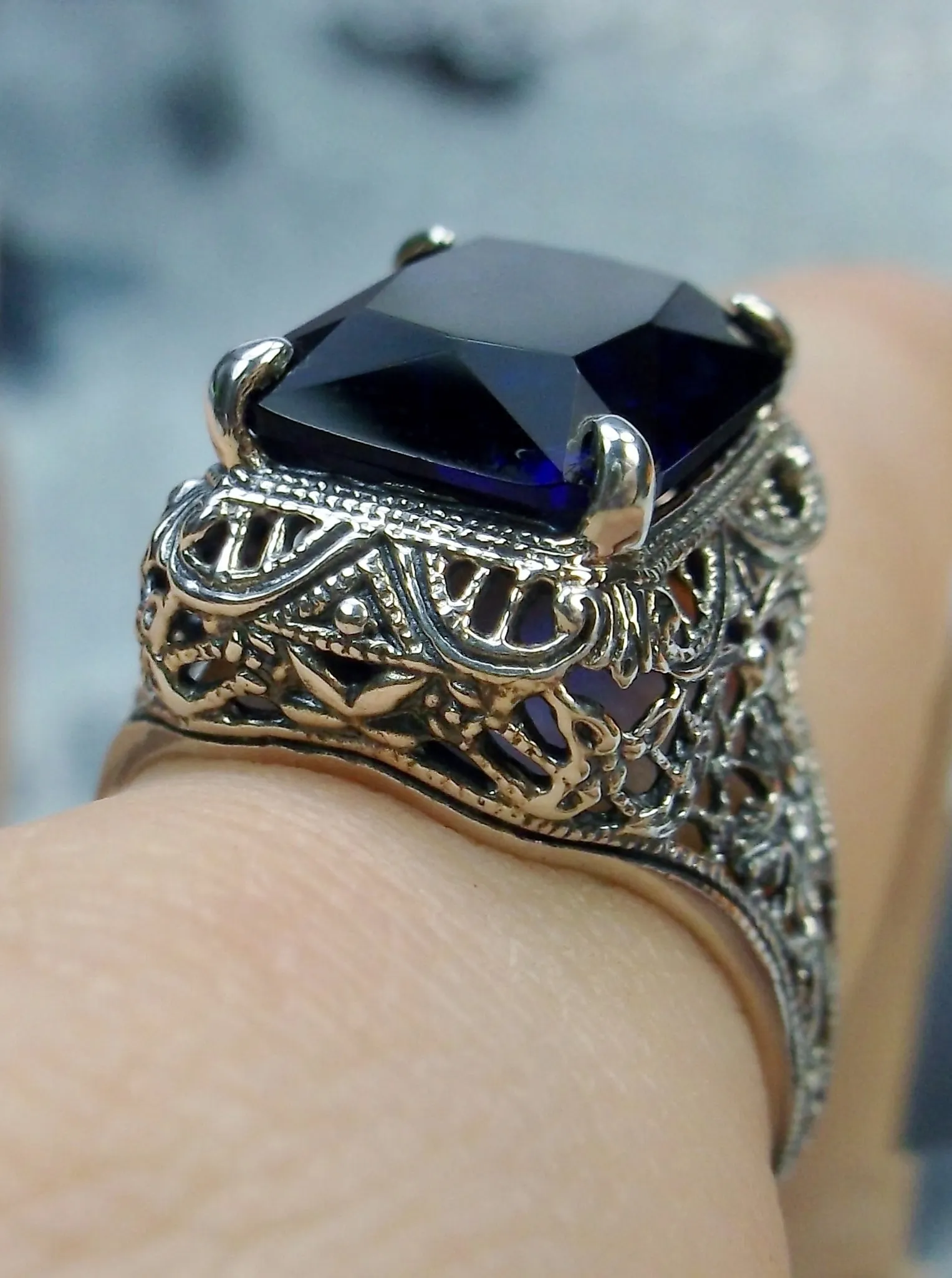 Blue Sapphire Autumn Ring, Rectangle Gem, Vintage Jewelry #D200