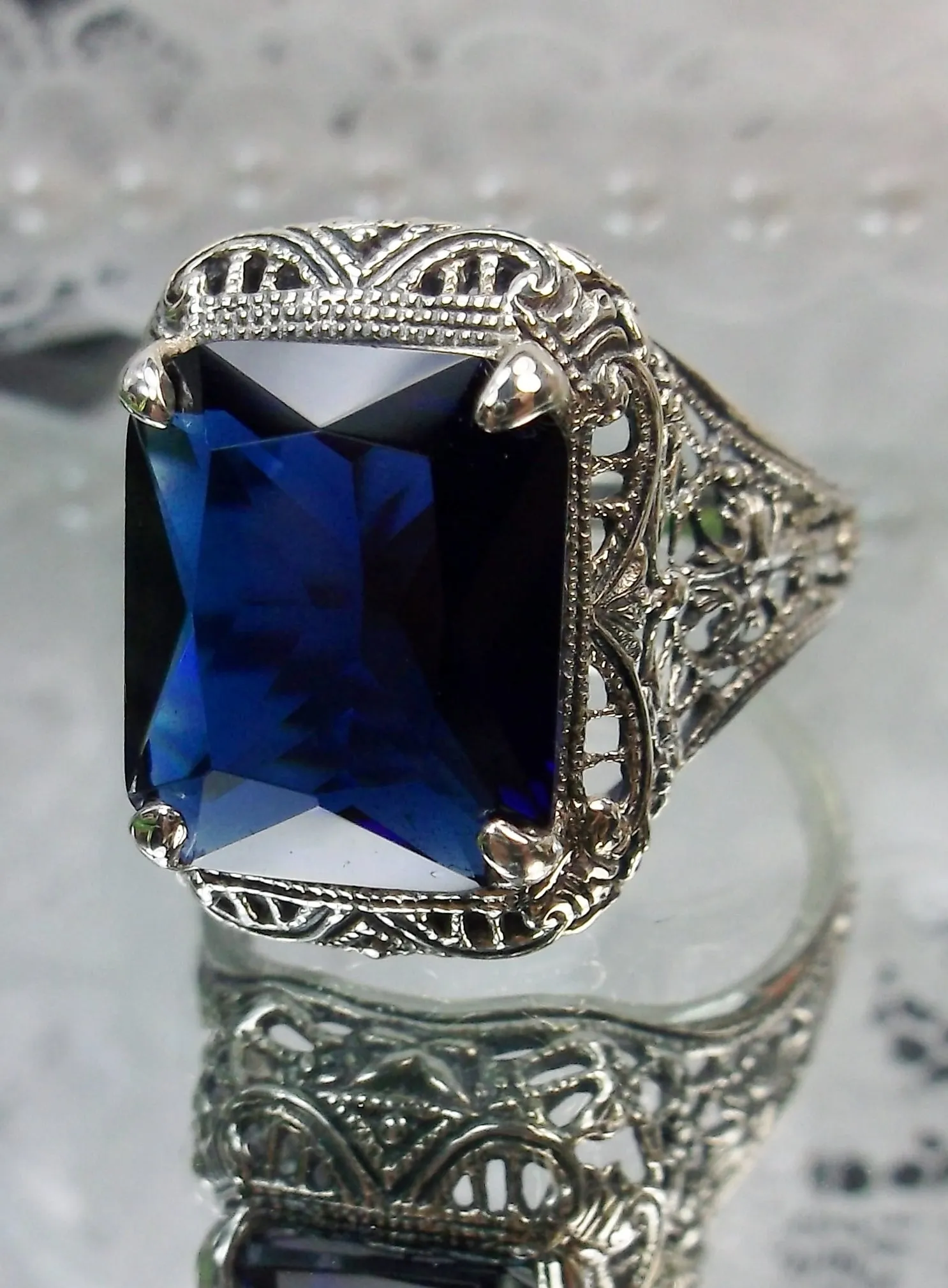 Blue Sapphire Autumn Ring, Rectangle Gem, Vintage Jewelry #D200