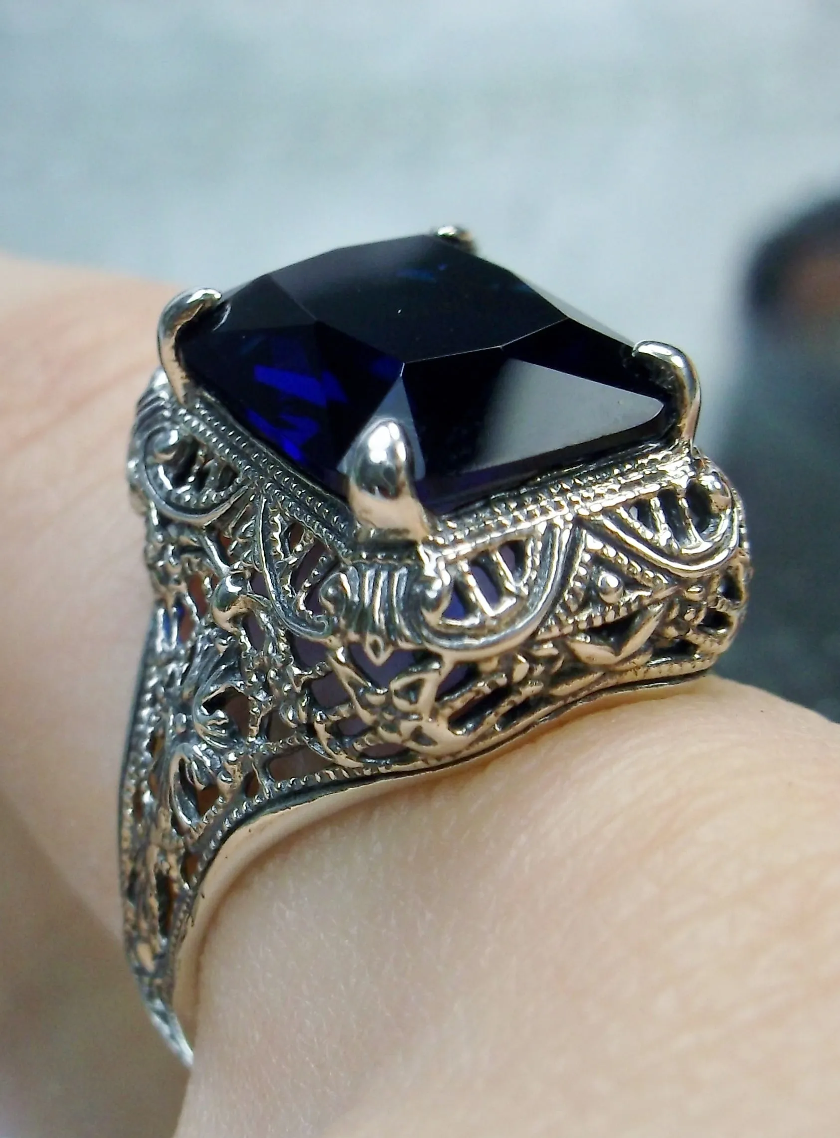 Blue Sapphire Autumn Ring, Rectangle Gem, Vintage Jewelry #D200