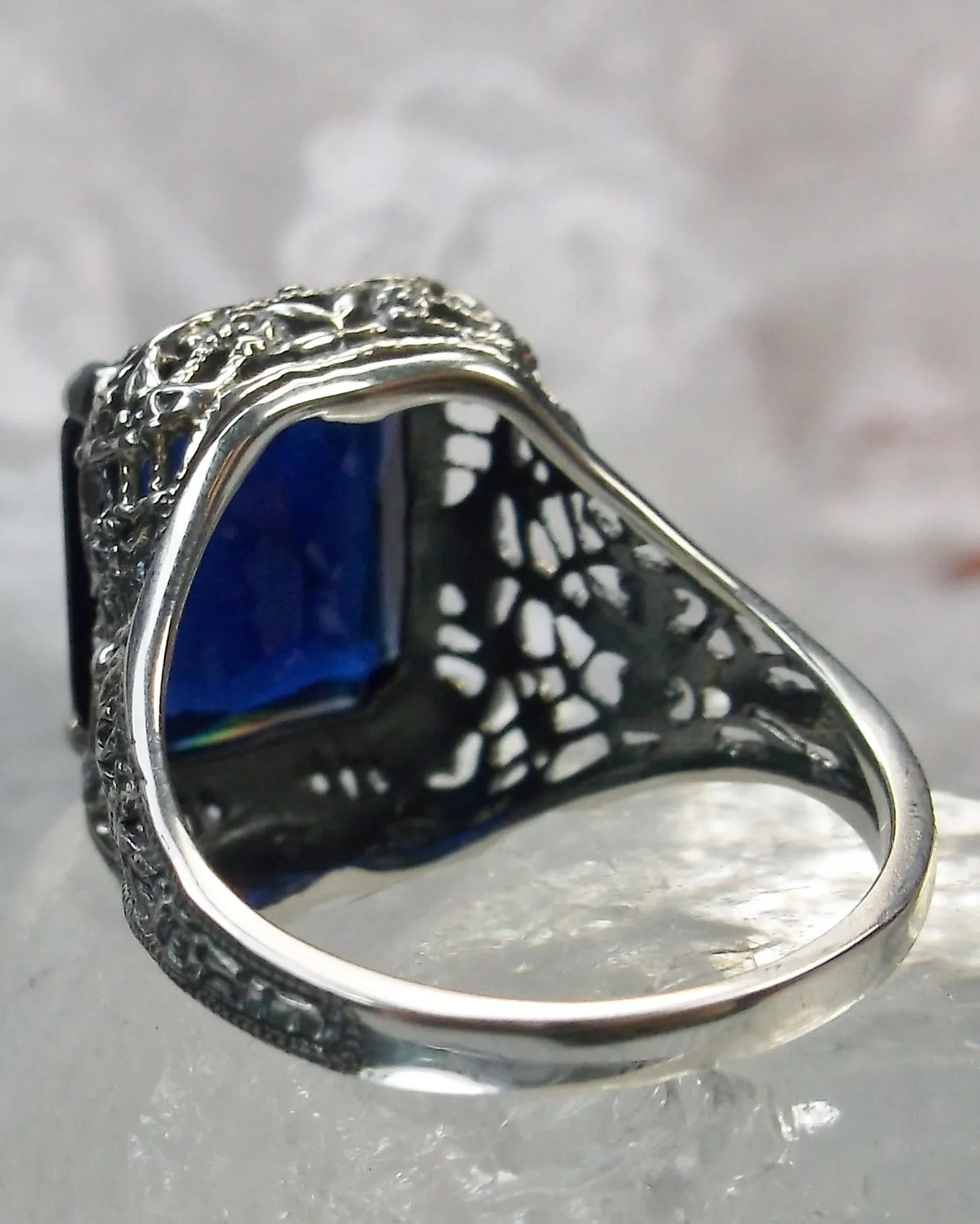 Blue Sapphire Autumn Ring, Rectangle Gem, Vintage Jewelry #D200