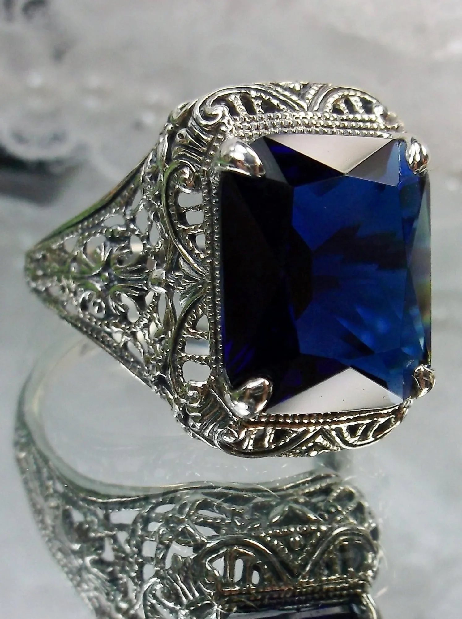 Blue Sapphire Autumn Ring, Rectangle Gem, Vintage Jewelry #D200