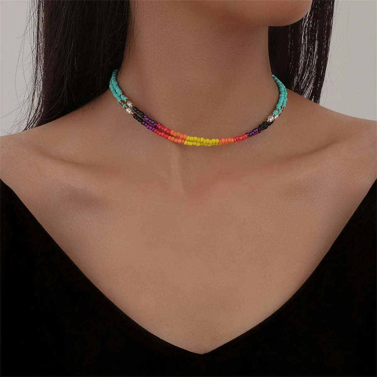 Blue Teal Howlite & Pearl Layered Choker Necklace