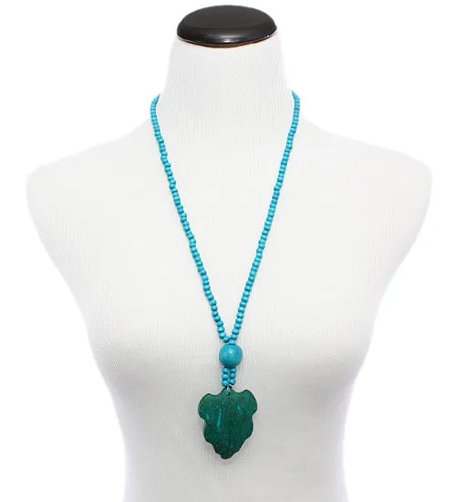 Blue Wooden Beaded Leaf Charm Necklace