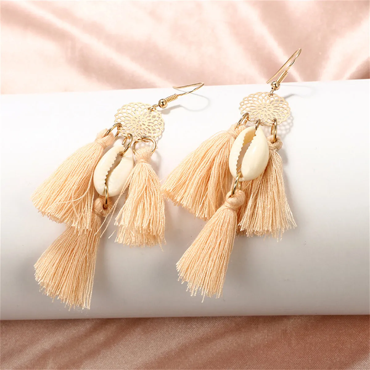 Blush Polyster & Shell 18K Gold-Plated Cowrie Tassel Openwork Drop Earrings