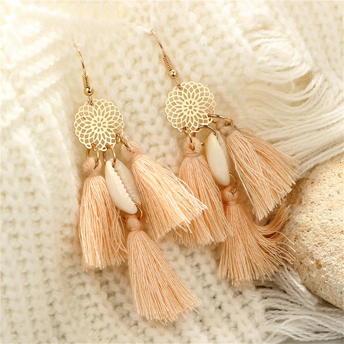 Blush Polyster & Shell 18K Gold-Plated Cowrie Tassel Openwork Drop Earrings