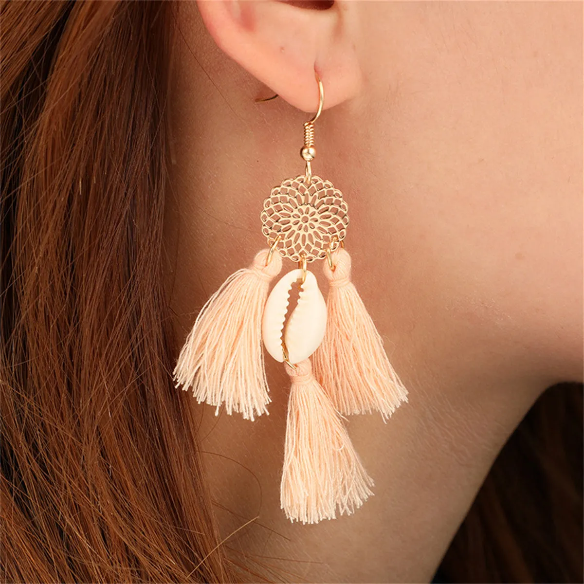 Blush Polyster & Shell 18K Gold-Plated Cowrie Tassel Openwork Drop Earrings
