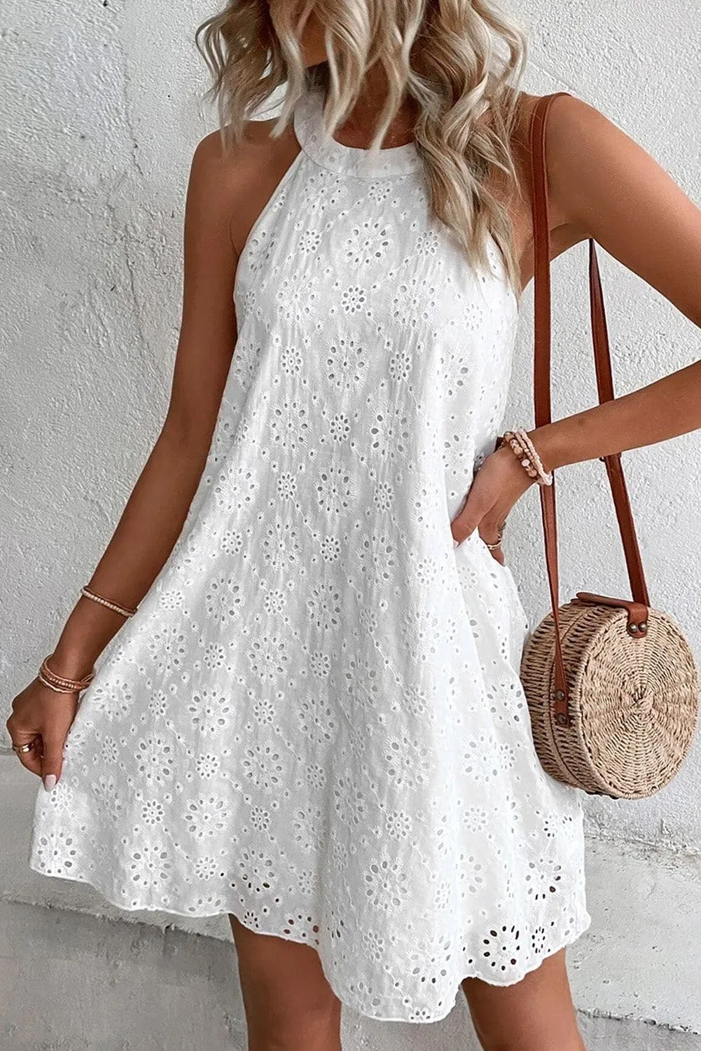 Boho Eyelet Halter Neck Sleeveless Dress