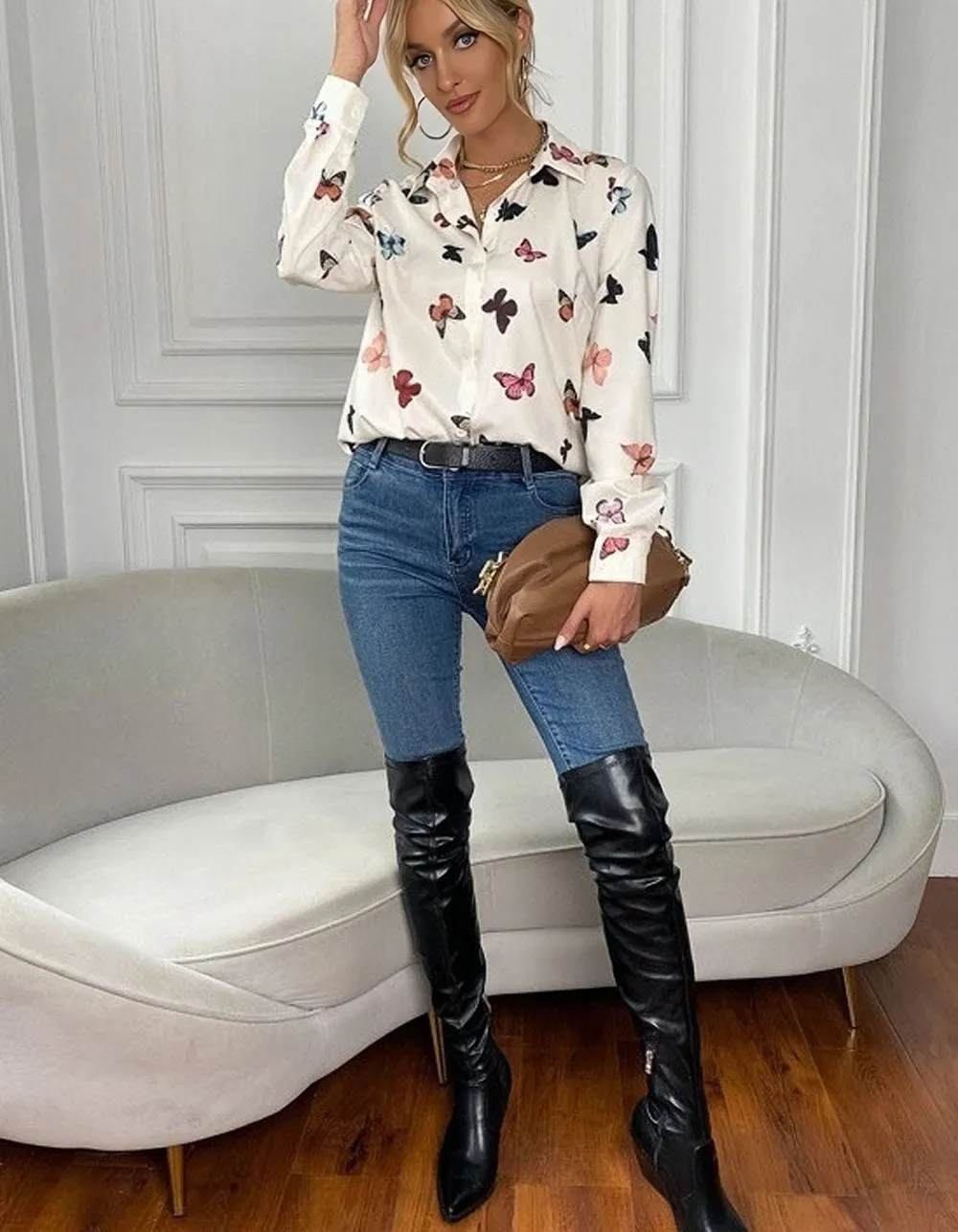 Butterfly Print Lapel Button Front Long Sleeve Shirt
