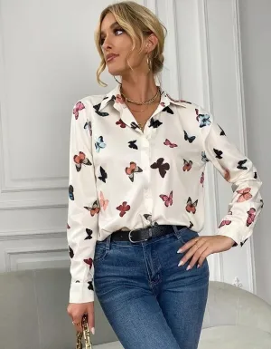 Butterfly Print Lapel Button Front Long Sleeve Shirt
