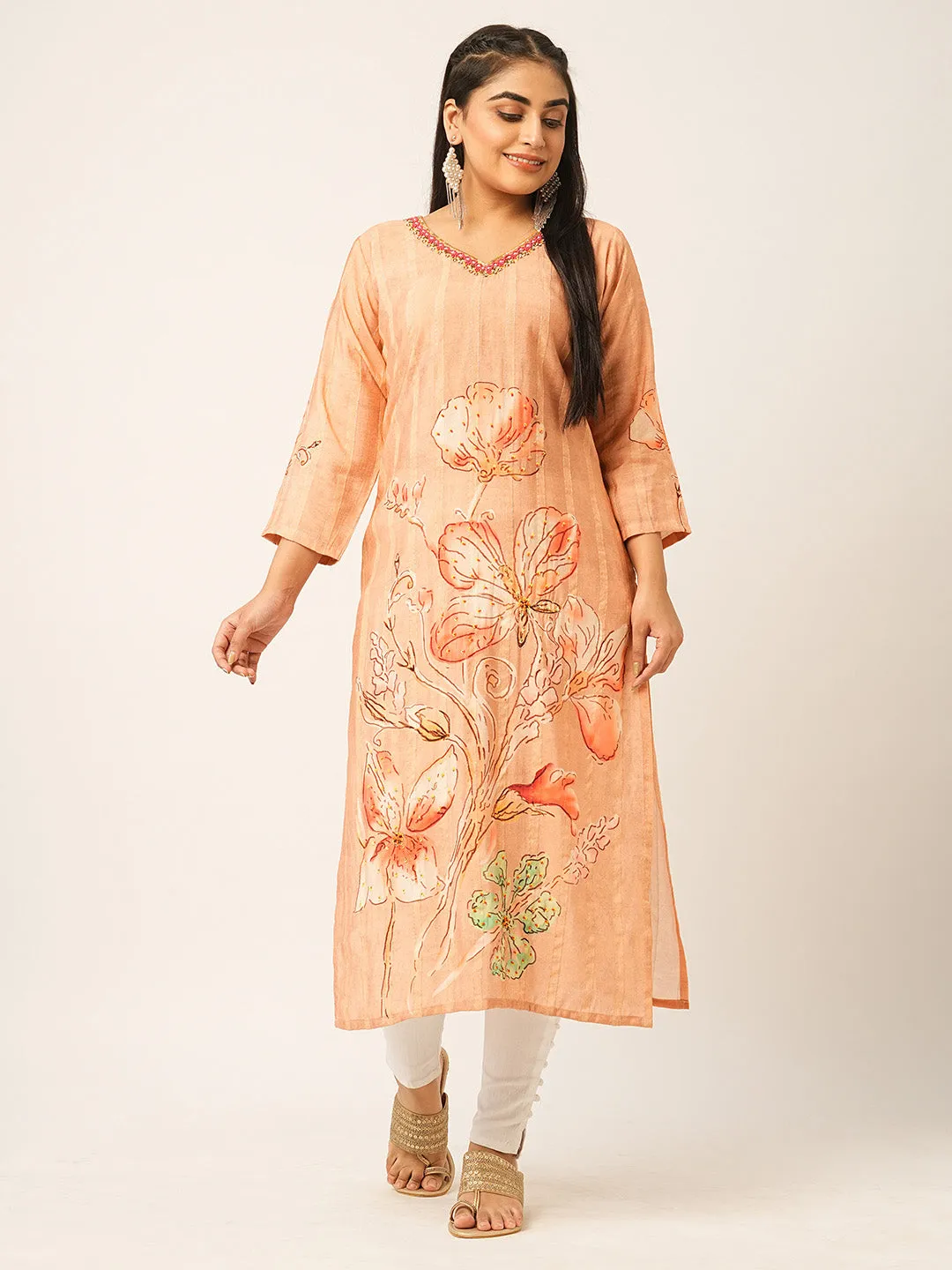 Buy Peach Comfort Fit Muslin Kurta for women online India - Zola