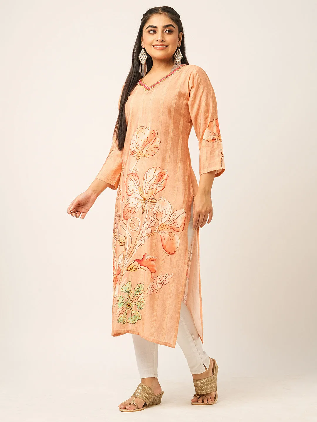 Buy Peach Comfort Fit Muslin Kurta for women online India - Zola