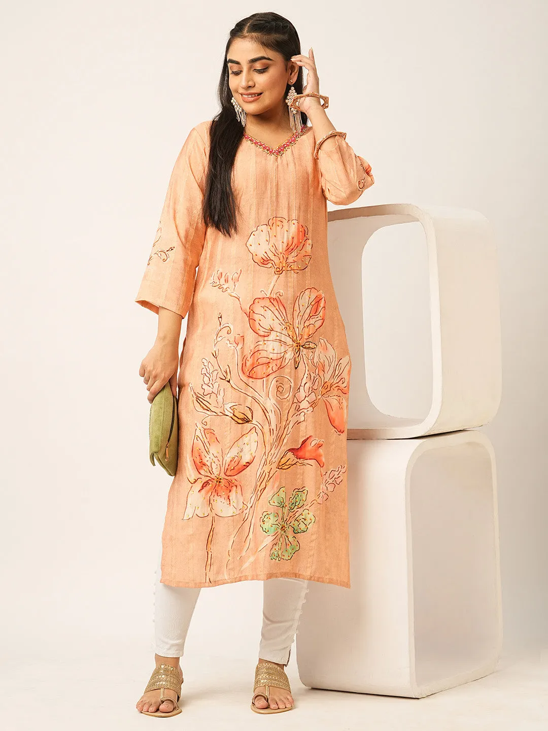 Buy Peach Comfort Fit Muslin Kurta for women online India - Zola