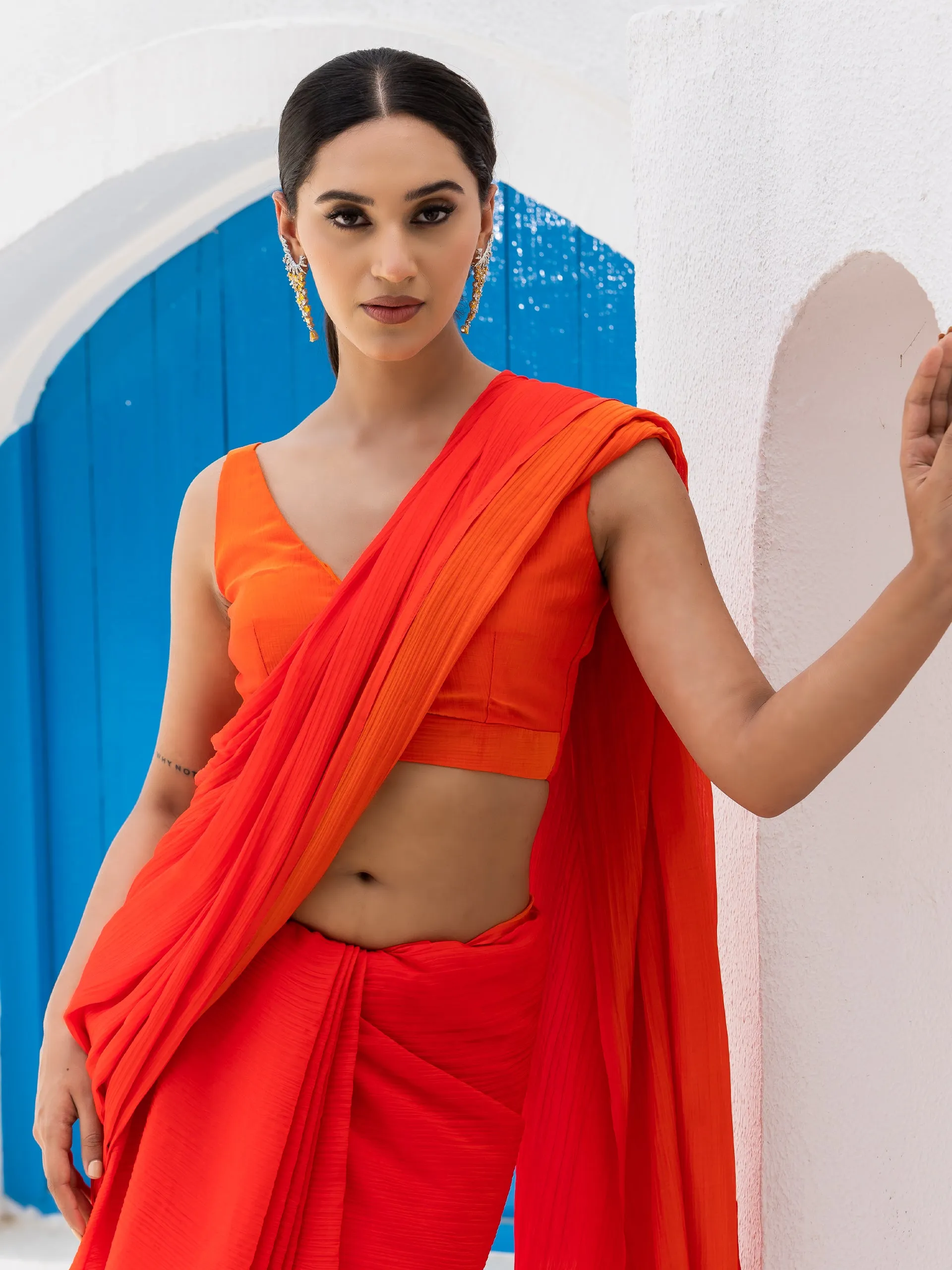 Candy Orange Yellow Pure Chiffon Saree with Blouse Fabric