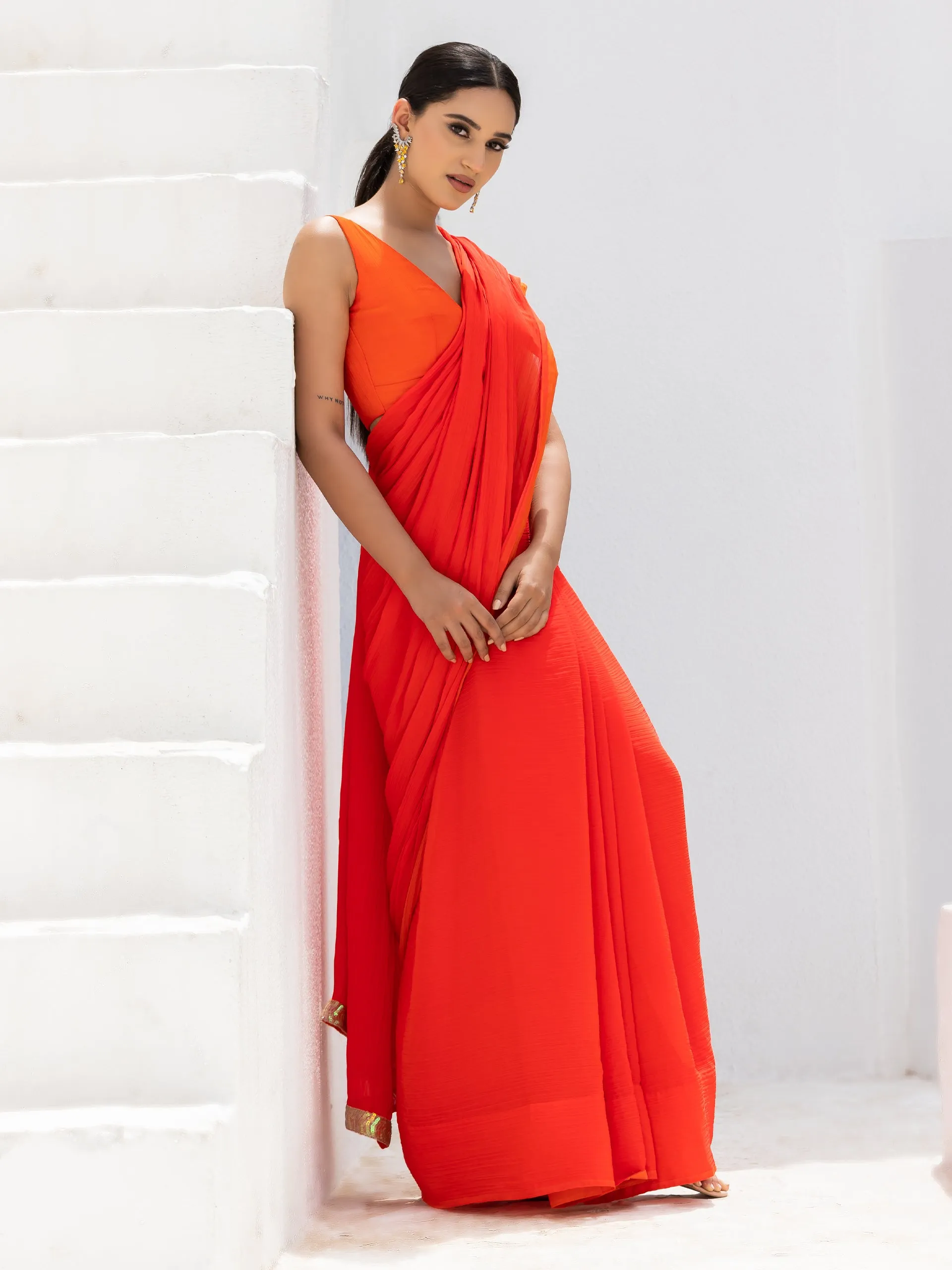 Candy Orange Yellow Pure Chiffon Saree with Blouse Fabric