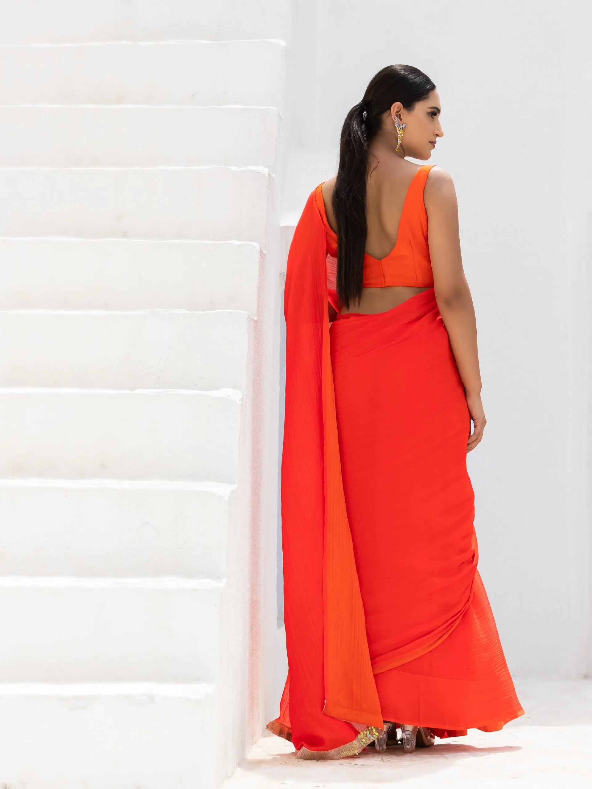 Candy Orange Yellow Pure Chiffon Saree with Blouse Fabric