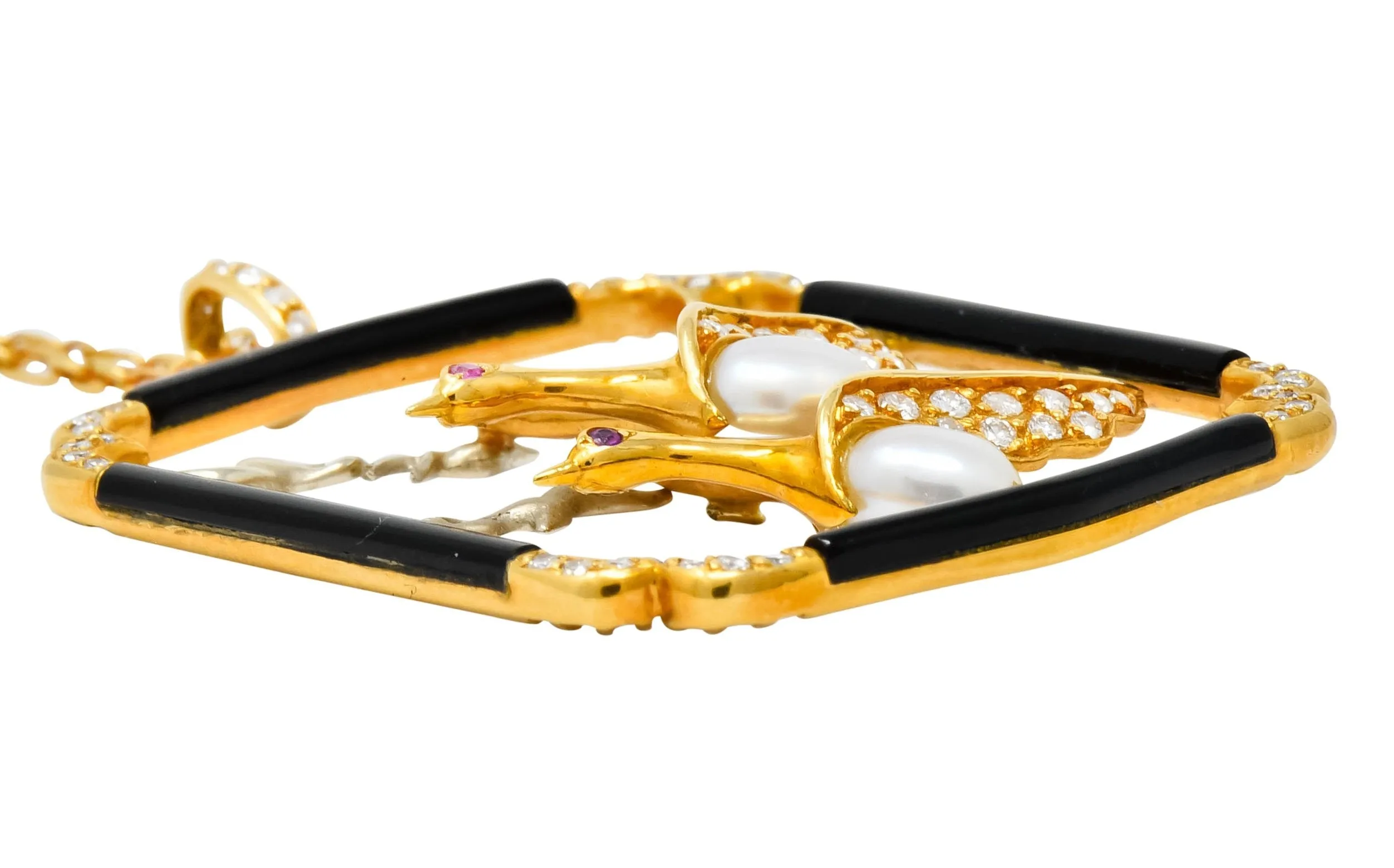 Carrera Y Carrera 1.00 CTW Diamond Onyx Pearl 18 Karat Two-Tone Gold Goose Pendant Necklace