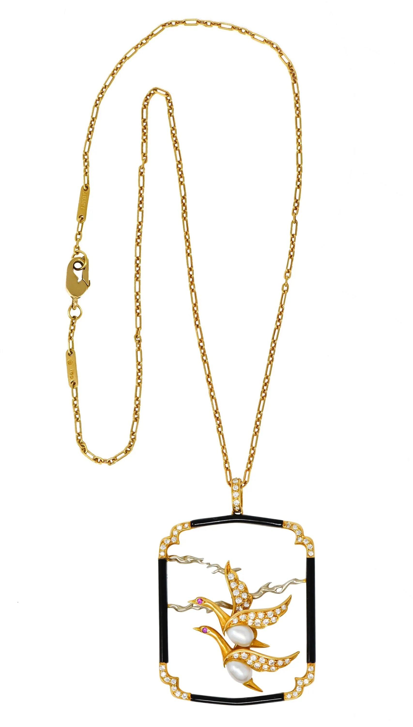 Carrera Y Carrera 1.00 CTW Diamond Onyx Pearl 18 Karat Two-Tone Gold Goose Pendant Necklace