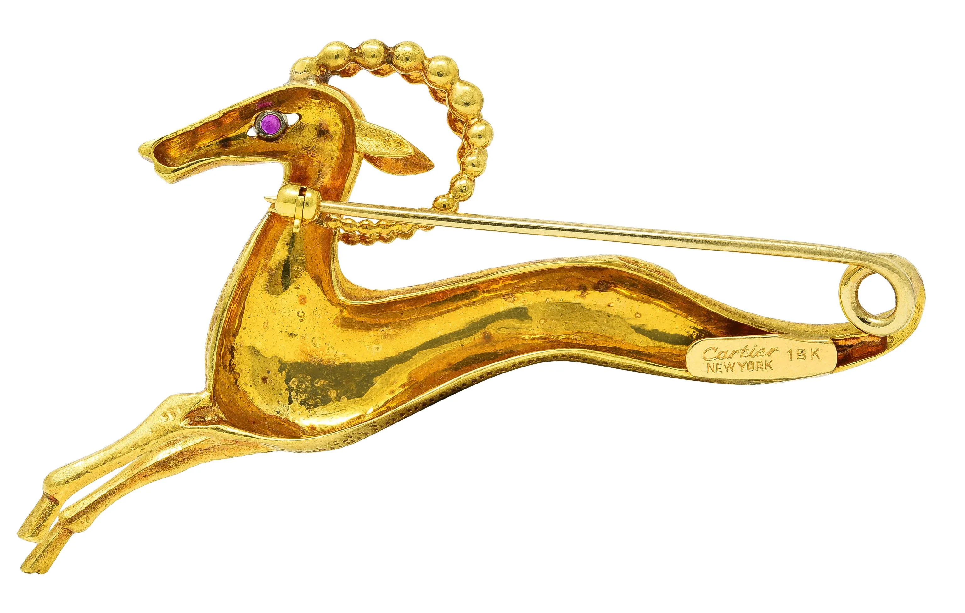 Cartier Ruby 18 Karat Yellow Gold Whimsical Gazelle Vintage Brooch