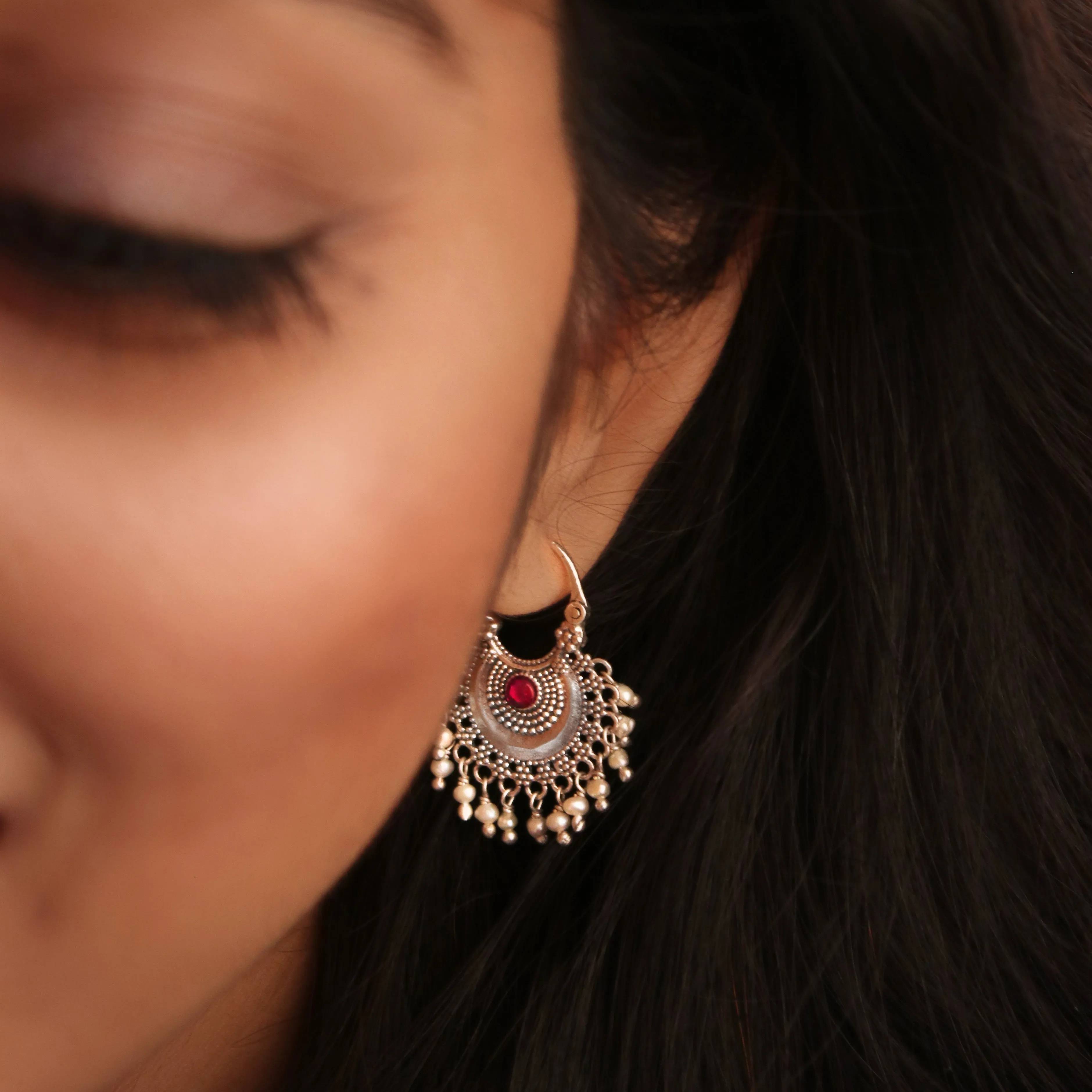 Chandbali Silver Bugadi/ Earrings (Pair, Pink) By Moha