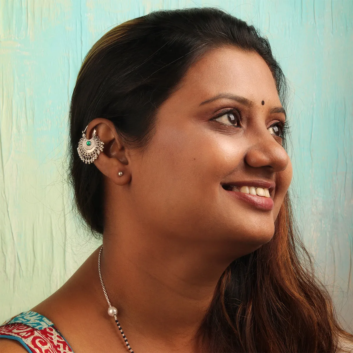 Chandbali Silver Bugadi Pierced (Single, Blue & Green) By Moha