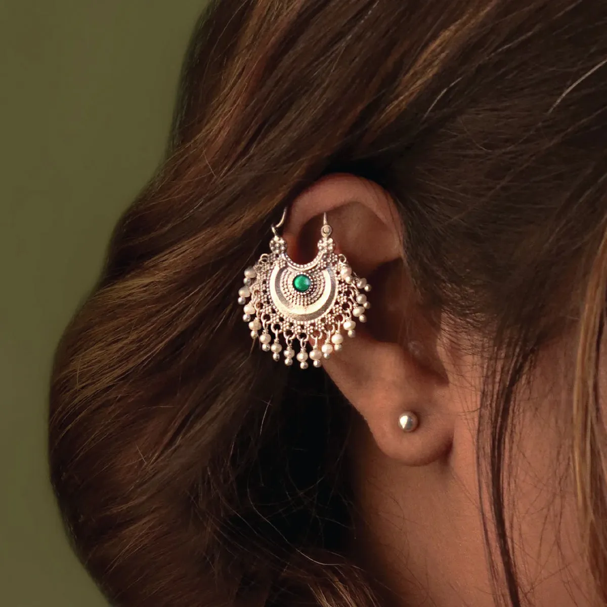 Chandbali Silver Bugadi Pierced (Single, Blue & Green) By Moha