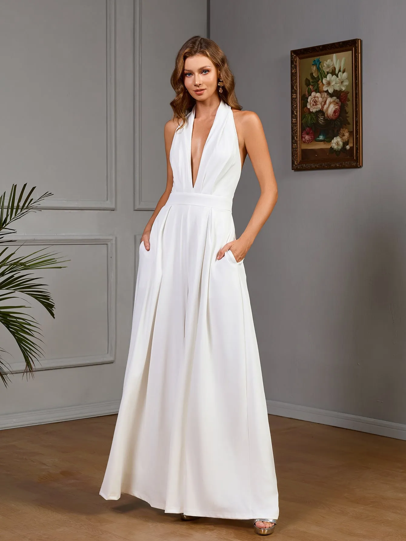 Chic Halter Neck Wide-Leg Wedding Jumpsuit With Deep V-Neckline