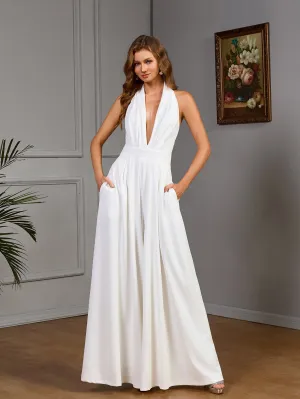 Chic Halter Neck Wide-Leg Wedding Jumpsuit With Deep V-Neckline