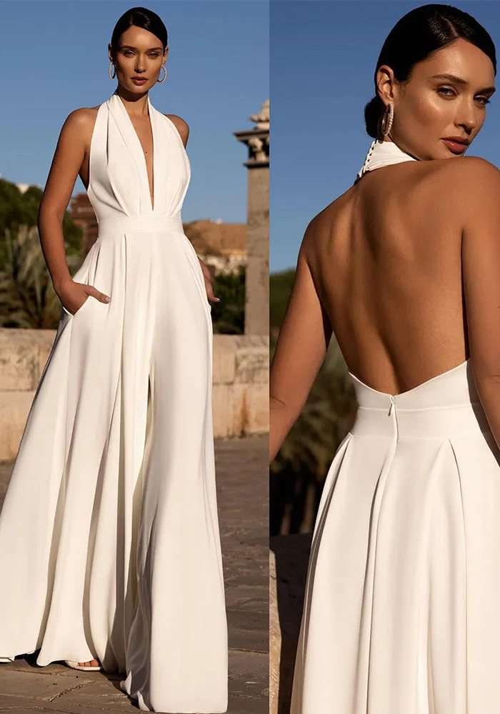 Chic Halter Neck Wide-Leg Wedding Jumpsuit With Deep V-Neckline