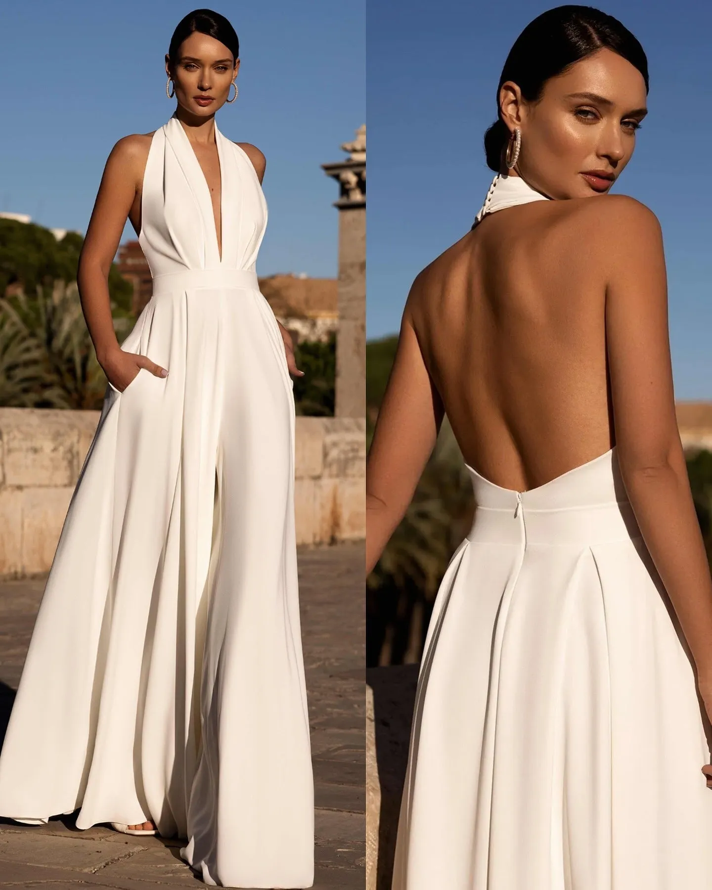 Chic Halter Neck Wide-Leg Wedding Jumpsuit With Deep V-Neckline