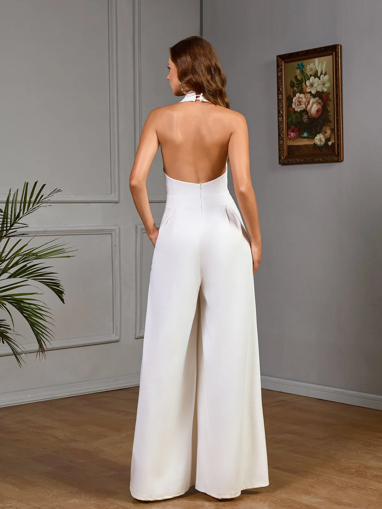 Chic Halter Neck Wide-Leg Wedding Jumpsuit With Deep V-Neckline