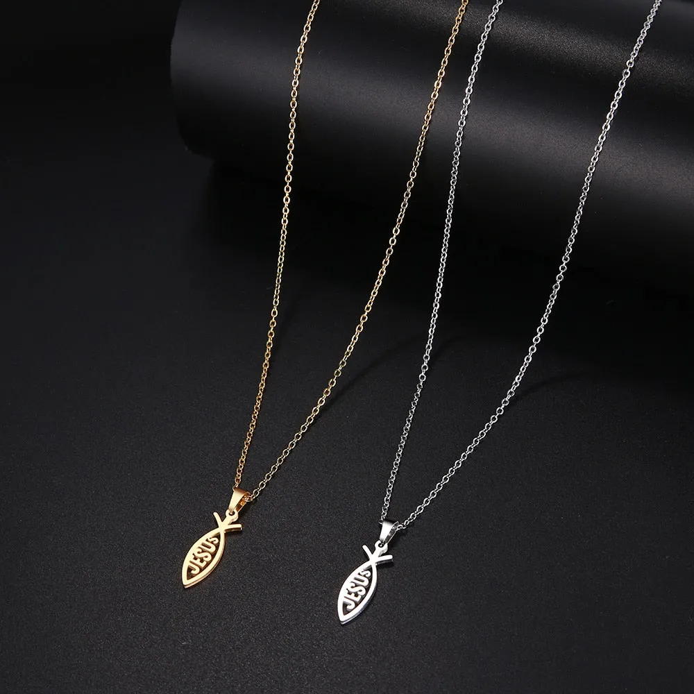 Christianartbag Jewelry, Stainless Steel Necklace For Women Man Lover's Sharp Jesus Fish Shape Color Pendant Necklace Engagement Jewelry,CABJWL05270723