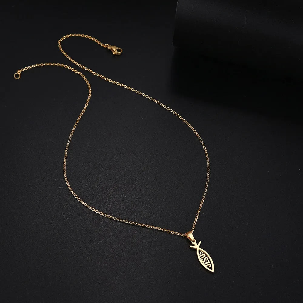 Christianartbag Jewelry, Stainless Steel Necklace For Women Man Lover's Sharp Jesus Fish Shape Color Pendant Necklace Engagement Jewelry,CABJWL05270723