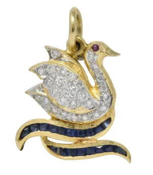 Circa 1980's Vintage 0.40 CTW Diamond Sapphire Ruby 18 Karat Gold Swan Charm