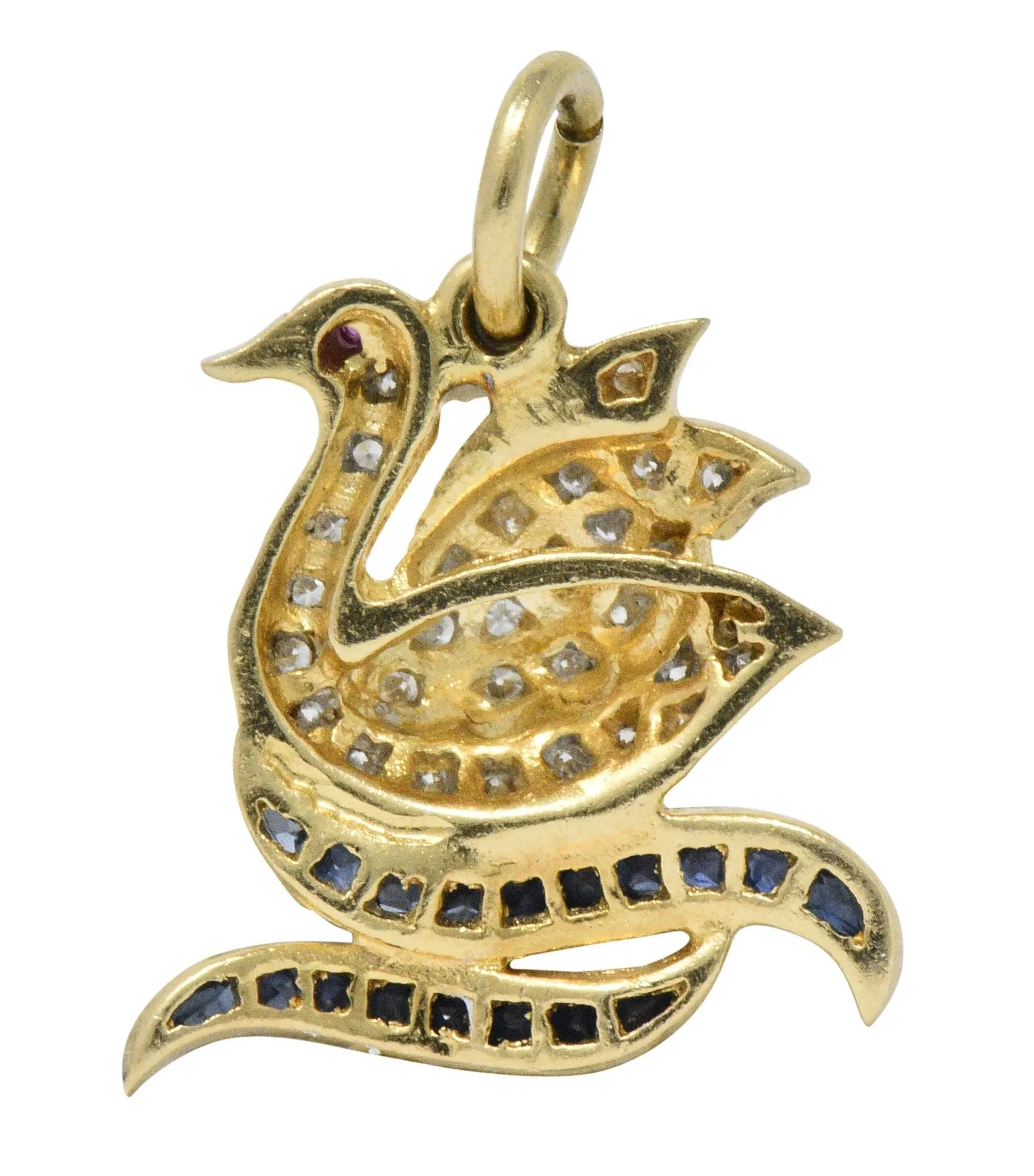 Circa 1980's Vintage 0.40 CTW Diamond Sapphire Ruby 18 Karat Gold Swan Charm