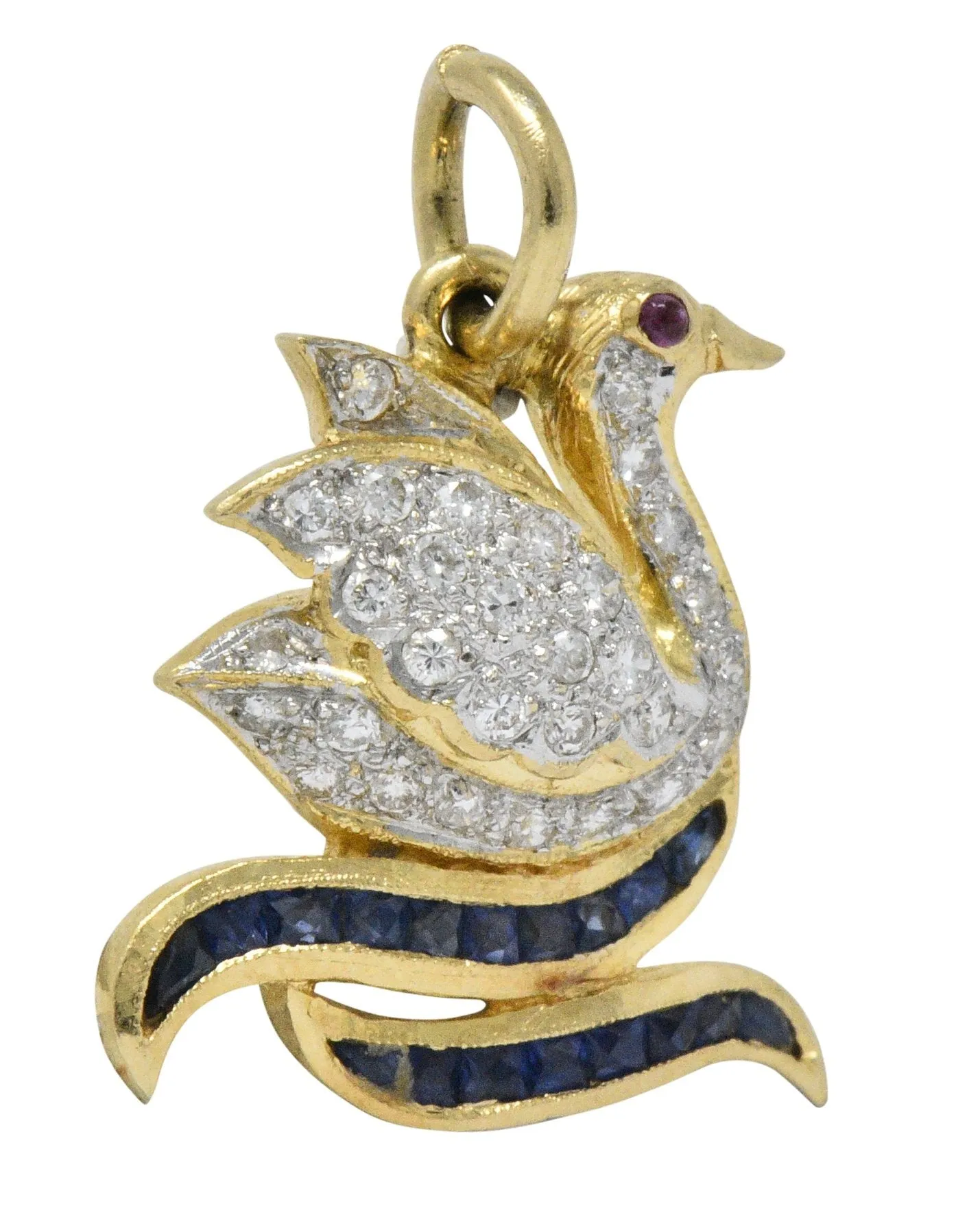 Circa 1980's Vintage 0.40 CTW Diamond Sapphire Ruby 18 Karat Gold Swan Charm