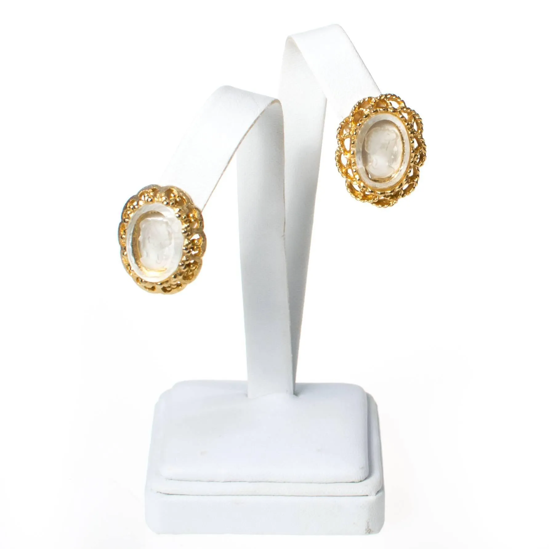Clear Crystal Cameo Gold Tone Earrings