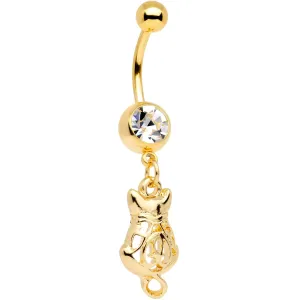 Clear Gem Gold Tone Anodized Fashion Cat Dangle Belly Ring