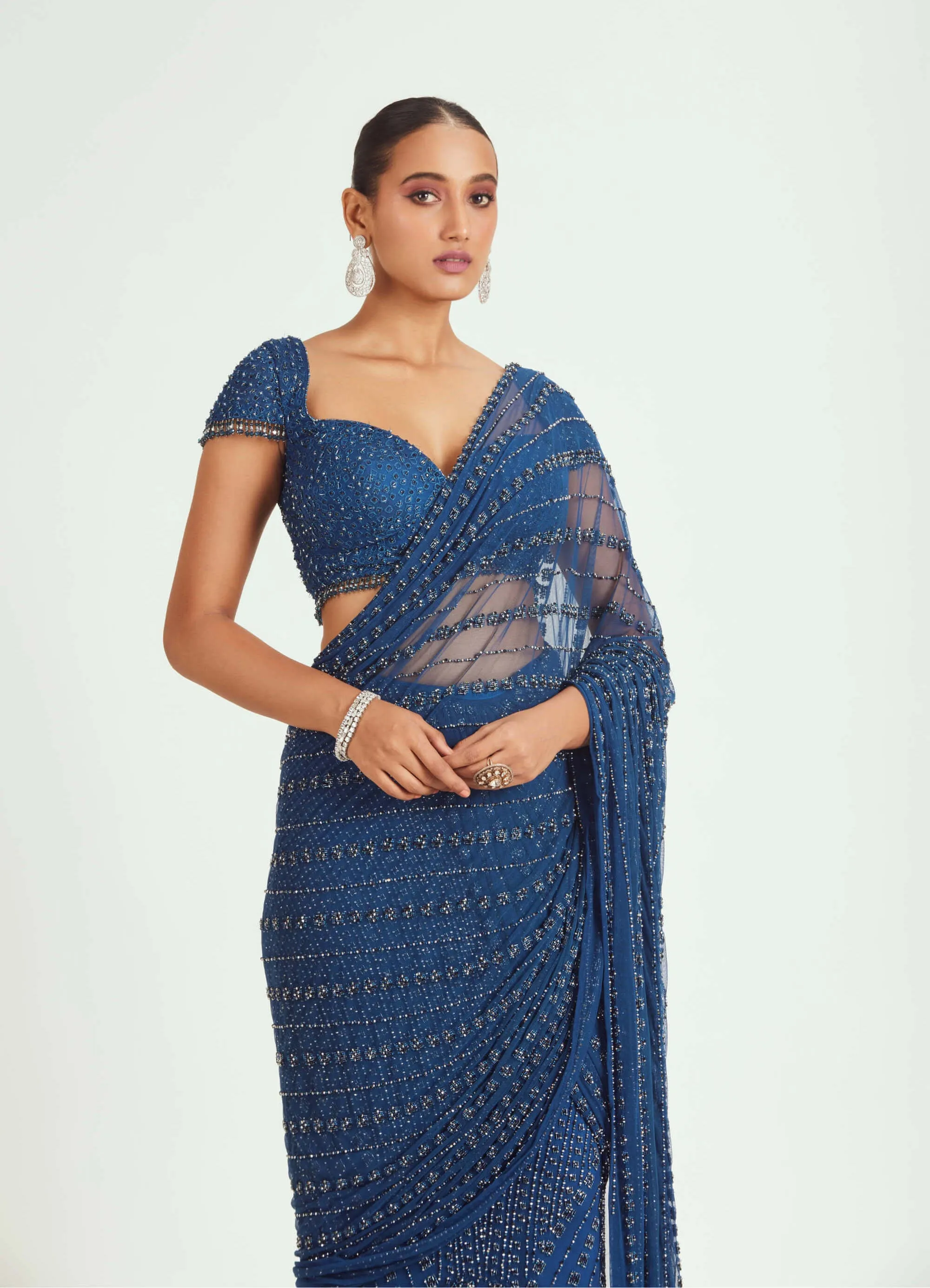 Cobalt blue net draped sari and blouse