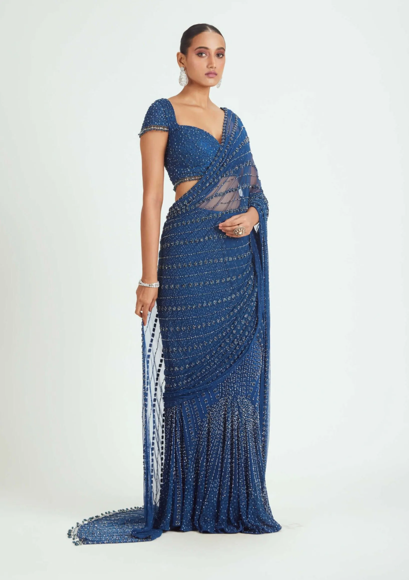 Cobalt blue net draped sari and blouse