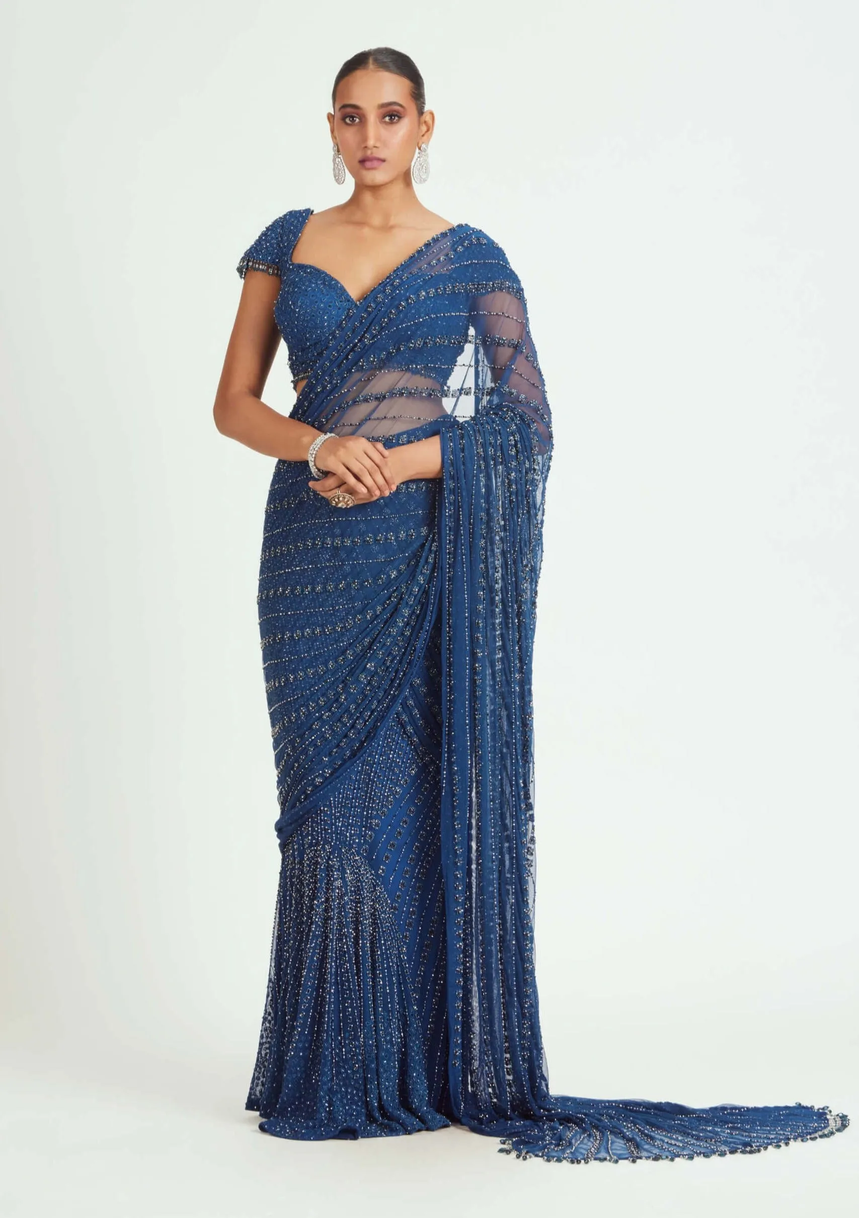 Cobalt blue net draped sari and blouse