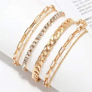 Cubic Zirconia & 18K Gold Plated Figaro Chain Anklet Set