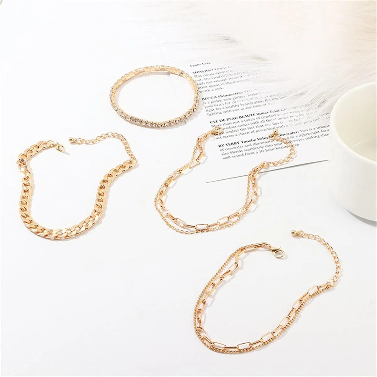 Cubic Zirconia & 18K Gold Plated Figaro Chain Anklet Set