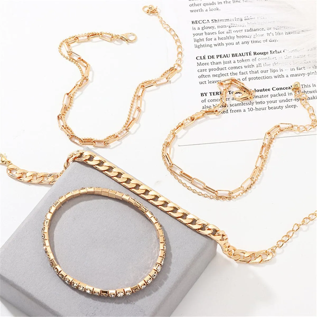 Cubic Zirconia & 18K Gold Plated Figaro Chain Anklet Set