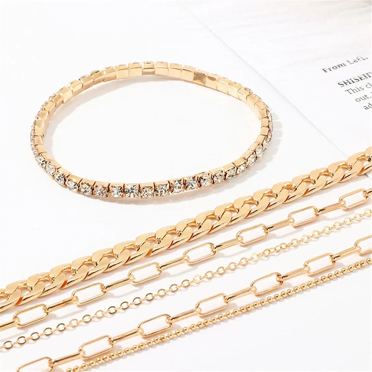 Cubic Zirconia & 18K Gold Plated Figaro Chain Anklet Set