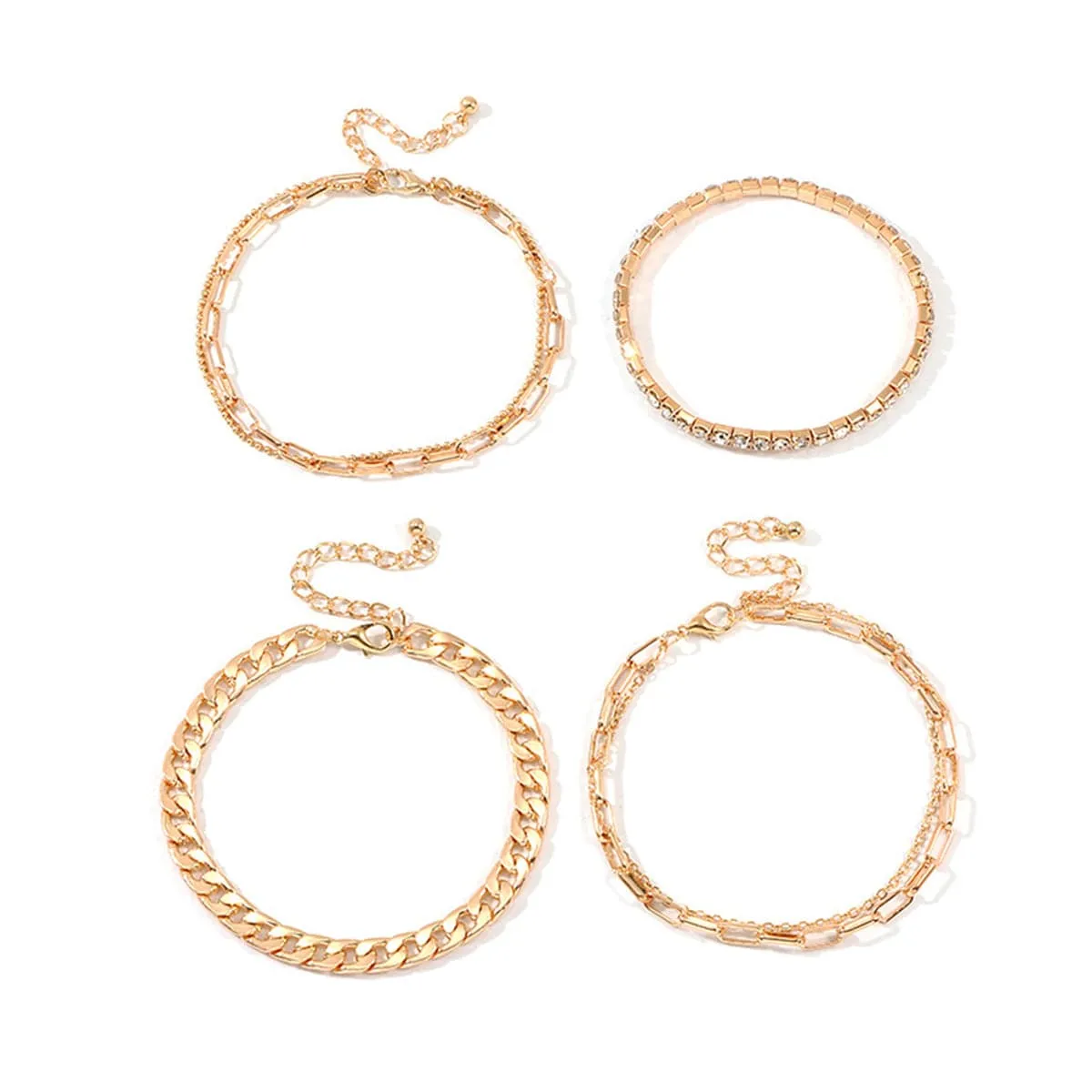 Cubic Zirconia & 18K Gold Plated Figaro Chain Anklet Set