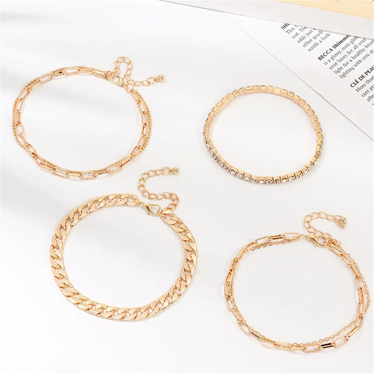 Cubic Zirconia & 18K Gold Plated Figaro Chain Anklet Set