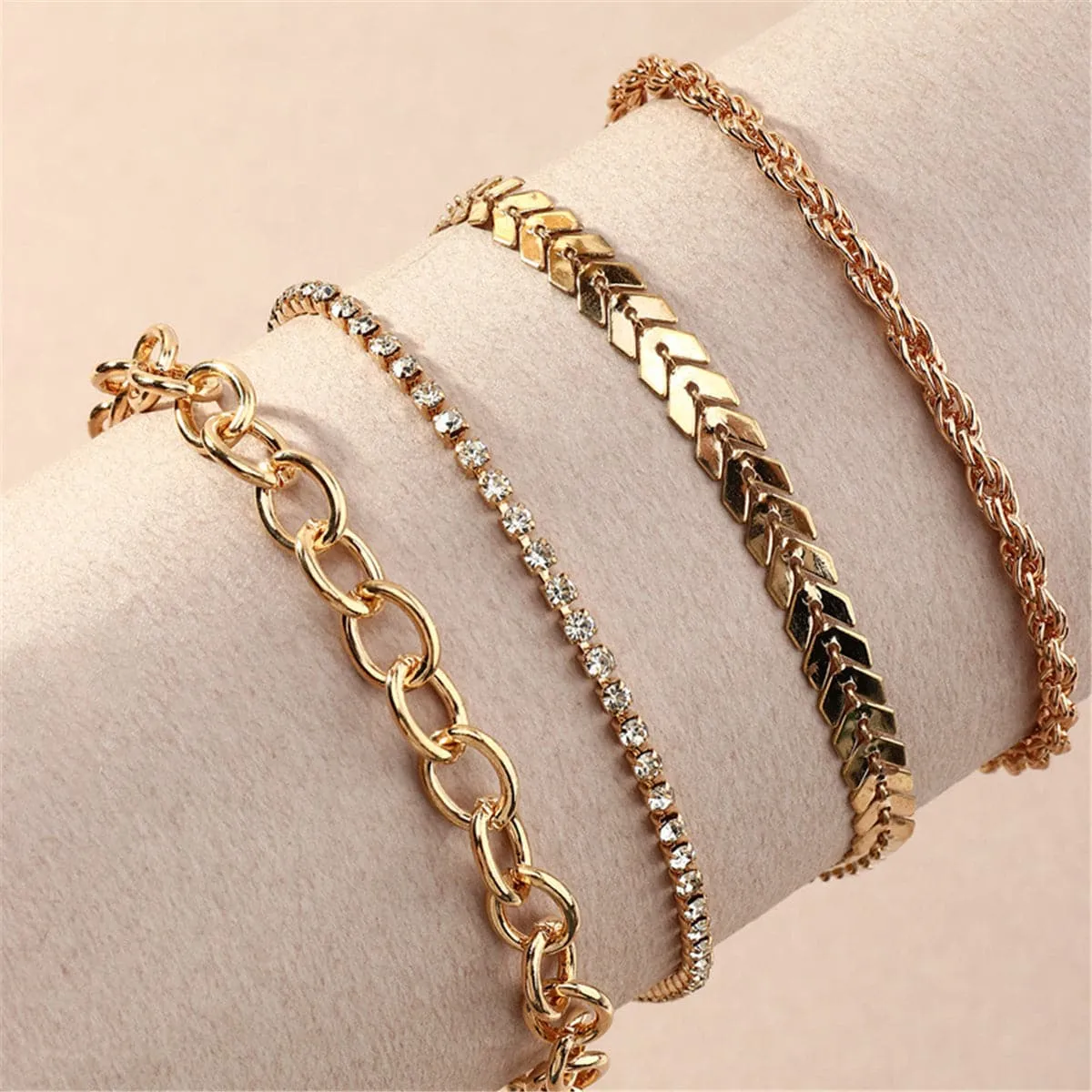 Cubic Zirconia & 18K Gold Plated Twine Anklet Set